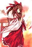  brown_eyes brown_hair hakurei_reimu ribbon shino_(eefy) short_hair solo torii touhou 