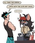 anthro black_hair blush bodily_fluids buckteeth cash_register cashier clothing dialogue duo english_text fast_food_employee fast_food_uniform female female_anthro flirting fur grey_body grey_fur hair hat headgear headwear hi_res human male male/female male_human mammal murid murine ponporio ponytail rat ratricia_(el-k) rodent shirt speech_bubble sweat sweatdrop tank_top teeth text topwear visor_cap