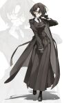 1girl absurdres black_boots black_coat black_gloves black_hair black_necktie black_skirt black_vest boots coat collared_shirt commentary full_body glasses gloves green_eyes hair_between_eyes highres jyuuku long_skirt long_sleeves necktie open_mouth original pleated_skirt semi-rimless_eyewear shadow shirt short_hair skirt tie_clip vest 