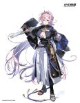  1girl belt blue_pupils blue_streaks breasts cleavage cleavage_cutout clothing_cutout commentary_request copyright_name full_body gloves hairband highres holding holding_weapon ierotak large_breasts long_hair looking_at_viewer multicolored_hair orange_eyes pants pink_hair resonance_solstice sidelocks single_glove solo standing streaked_hair tail utility_belt very_long_hair weapon white_background white_pants wide_sleeves 