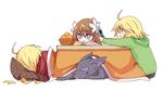  2boys ahoge artist_request blonde_hair blue_eyes brown_hair closed_eyes dog dual_persona emil_castagnier flower food fruit handheld_game_console kotatsu lying mandarin_orange marta_lualdi multiple_boys nintendo_ds simple_background sitting sleeping table tales_of_(series) tales_of_symphonia tales_of_symphonia_knight_of_ratatosk tenebrae under_kotatsu under_table white_background 