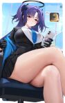  1girl absurdres anger_vein black_halo black_jacket black_skirt black_suit blue_archive blue_eyes blue_necktie blue_screen_of_death blue_sky blush border breasts cellphone chair character_sticker closed_mouth collared_shirt commentary_request crossed_legs day doodle_sensei_(blue_archive) emoji frown gloves hair_between_eyes hair_intakes hair_ornament halo heat_(uybh) highres holding holding_phone id_card indoors jacket large_breasts legs long_hair looking_ahead looking_at_phone looking_down mechanical_halo miniskirt monitor necktie off_shoulder open_clothes open_jacket parted_bangs phone purple_eyes purple_hair sensei_(blue_archive) shirt sidelocks sitting skirt skirt_suit sky smartphone solo sticker suit sweat swivel_chair text_messaging thick_thighs thighs triangle_hair_ornament two-sided_fabric two-sided_jacket two_side_up very_long_hair white_border white_gloves white_jacket white_shirt window yuuka_(blue_archive) 