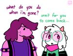 ambiguous_gender anthro arm_ring arm_warmers armwear black_arm_warmers black_armwear black_clothing black_heart bovid caprine clothing concerned_expression darkner deltarune dialogue duo ellipsis english_text female_(lore) floppy_ears freckles goat green_clothing green_robe hair head_tuft hi_res horn lightner looking_away looking_down looking_down_at_another mammal monster open_mouth pink_eyes pink_mouth pink_scarf purple_body purple_clothing purple_hair purple_topwear purple_vest question question_mark ralsei robe scarf simple_background simple_eyes simple_mouth susie_(deltarune) text topwear trans_(lore) tuft undertale_(series) vertexxx vest watermark white_background white_body white_horn yellow_mouth