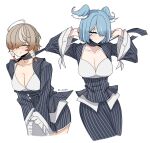  2girls ahoge artist_name blue_hair blush braid breasts brown_hair cleavage closed_eyes collarbone elira_pendora head_wings highres klara_charmwood ko3n large_breasts low_twin_braids medium_hair multiple_girls nijisanji nijisanji_en pinstripe_pattern scarf smile twin_braids virtual_youtuber wings 