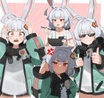  1girl ahoge ananta anger_vein animal_ears border bowl chopsticks clenched_hand commentary_request double_thumbs_up eating emphasis_lines flasso food grey_hair hair_bobbles hair_ornament highres holding holding_chopsticks jacket long_hair long_sleeves low_twintails multiple_views noodles open_clothes open_jacket outside_border pink_background pixel_sunglasses rabbit_ears raised_fist red_eyes smile sunglasses taffy_(ananta) thick_eyebrows thumbs_up twintails v-shaped_eyebrows white_border wide-eyed 