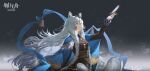  1girl animal_ears arknights arm_up bell bilibili_username black_dress blue_background blue_cloak blue_eyes braid braid_over_shoulder cloak closed_mouth commentary_request cowboy_shot dress feathers grey_hair hair_between_eyes highres lingear long_hair long_sleeves looking_up pramanix_(arknights) pramanix_the_prerita_(arknights) snow snow_leopard_ears snow_leopard_girl solo twin_braids twintails 