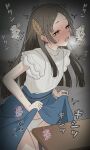  1girl :o absurdres blue_skirt blunt_ends blush brown_eyes brown_hair cameltoe clothes_lift commentary cowboy_shot crotch_rub female_masturbation gakuen_idolmaster hair_ornament heart heart-shaped_pupils high-waist_skirt highres idolmaster indoors kanzume_maguro kuramoto_china leaf_hair_ornament lifting_own_clothes long_hair masturbation masturbation_through_clothes nose_blush open_mouth panties shirt shirt_tucked_in short_sleeves skirt skirt_lift solo sound_effects speech_bubble standing straight_hair sweat symbol-shaped_pupils table_humping torogao translation_request underwear vignetting white_panties white_shirt 