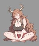  1girl :3 abs absurdres animal_ears antlers black_singlet blush braid breasts brown_hair cleavage closed_eyes commentary_request crossed_legs deer_antlers deer_ears deer_girl diana_(trickcal) diana_(yester)_(trickcal) highres horns humanization jewelry korean_commentary large_breasts long_hair mr_tangsuyuk necklace shorts sleeping solo tooth_necklace trickcal twin_braids very_long_hair 