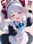  1girl :d absurdres alternate_halo apron aris_(blue_archive) aris_(blue_archive)_(cosplay) aris_(maid)_(blue_archive) black_dress black_wrist_cuffs blue_archive blue_ribbon bow collared_dress commentary cosplay dress english_commentary english_text enmaided frilled_apron frills hair_bow highres kei_(blue_archive) long_hair looking_at_viewer maid maid_apron maid_headdress open_mouth parted_bangs perunodesu puffy_short_sleeves puffy_sleeves red_eyes ribbon salute short_sleeves signature smile solo twintails unconventional_maid upper_body waist_apron white_apron white_hair wrist_cuffs 