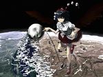  bad_id bad_pixiv_id black_hair black_wings hat kai_(kai_013) looking_at_viewer pointing red_eyes satellite shameimaru_aya smile solo space sputnik tokin_hat touhou wings 