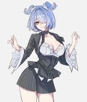  1girl absurdres aqua_eyes blue_hair breasts cleavage cleavage_cutout clothing_cutout commentary cowboy_shot elira_pendora english_commentary grey_background hair_over_one_eye head_wings highres ive_(iveith) large_breasts looking_at_viewer medium_hair nijisanji nijisanji_en pinstripe_pattern scarf simple_background solo virtual_youtuber wings 