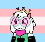 ambiguous_gender anthro arm_warmers armwear black_arm_warmers black_armwear black_clothing black_heart blush bovid caprine clothing crown darkner deltarune eyebrows eyewear floppy_ears glasses goat green_clothing green_eyewear green_glasses green_robe head_tuft headgear horn lgbt_pride looking_aside mammal pink_eyes pink_heart pink_horn pink_scarf pride_color_background pride_colors ralsei robe scarf simple_background simple_mouth smile solo tinted_glasses trans_(lore) transgender_pride_colors tuft undertale_(series) upscale vertexxx white_body white_ears
