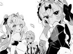  4girls :d ade_(nikke) antenna_hair armband blush bow breasts cocoa_(nikke) commentary_request frilled_armband frills glasses goddess_of_victory:_nikke greyscale hair_between_eyes hair_bow hair_rings highres large_breasts leaf light_smile long_hair looking_at_viewer maid maid_for_you_(nikke) maid_headdress monochrome multiple_girls nnn_chisi perspective semi-rimless_eyewear skindentation smile soda_(nikke) unconventional_maid under-rim_eyewear velvet_(nikke) white_background 