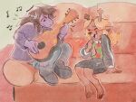 4:3 anthro antlers blonde_hair bottomwear brown_body brown_fur brown_hair buckteeth clothed clothing criiitter deer deltarune duo female female/female footwear fully_clothed fur furniture guitar hair hi_res hooves horn laugh lightner mammal musical_instrument musical_note musical_symbol new_world_deer noelle_holiday pants playing_music plucked_string_instrument purple_body reindeer reptile scalie shirt shoes sitting skirt smile sofa string_instrument susie_(deltarune) symbol teeth topwear undertale_(series) vest