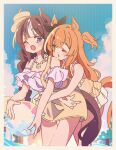  2girls animal_ears bare_shoulders beach_umbrella blue_sky blush boater_hat bow breasts brown_hair brown_ribbon casual_one-piece_swimsuit collarbone commentary_request ear_bow ears_through_headwear hair_between_eyes hat hokko_tarumae_(pastel_marine_locadol)_(umamusume) hokko_tarumae_(umamusume) honkawa_works horse_ears horse_girl horse_tail hug hug_from_behind jewelry long_hair mayano_top_gun_(umamusume) medium_breasts multicolored_hair multiple_girls necklace official_alternate_costume official_alternate_hairstyle one-piece_swimsuit one_eye_closed open_mouth orange_eyes orange_hair orange_tail outdoors overall_skirt overalls puckered_lips purple_eyes ribbon side_ponytail sky smile swimsuit tail tilted_headwear two_side_up umamusume umbrella yellow_hat yellow_one-piece_swimsuit yellow_overalls 