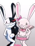13onniezo 2026 absurd_res anthro artist_name black_body black_nose bottomwear breasts clothed clothing crossgender danganronpa danganronpa_2 duo ear_bow female female_symbol finger_on_chin gender_symbol gradient_background hands_on_hips hi_res lagomorph leporid male mammal max_(sam_and_max) monokuma mtf_crossgender multicolored_body navel nude pink_body pink_bottomwear pink_bow pink_clothing pink_nose pink_skirt rabbit red_eyes sam_and_max simple_background skirt smile spike_chunsoft split_color symbol teeth text usami white_body wings