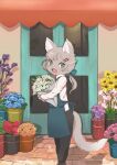  1girl :d absurdres animal_ear_fluff animal_ears black_pants blue_bow blue_eyes blue_flower blush bouquet bow brick_floor cat_ears cat_girl cat_tail commentary_request daisy_(flower) day feet_out_of_frame flower flower_pot furry furry_female grey_fur grey_hair hair_bow hair_ornament hairclip highres holding holding_bouquet long_hair long_sleeves looking_at_viewer low_ponytail open_mouth original outdoors pants parallel_hairclips plant po!_(popoemo) ponytail potted_plant purple_flower red_flower red_rose rose shirt smile solo standing sunflower tail white_flower white_shirt 