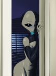 2023 alien anthro armwear bedroom bedroom_eyes black_latex black_sclera blinds blue_blush blue_nipples blush bottomless bottomless_anthro bottomless_male clothed clothing condom condom_in_mouth crop_top dark_room digital_drawing_(artwork) digital_media_(artwork) femboy fingers genitals glistening glistening_body grey_body grey_skin hi_res latex latex_armwear latex_clothing latex_crop_top latex_shirt latex_topwear looking_at_viewer male mouth_hold narrowed_eyes navel night nipples non-mammal_nipples not_furry object_in_mouth penis pupils roswell_grey seductive sexual_barrier_device shirt signature smile smiling_at_viewer solo topwear white_pupils yellowdog