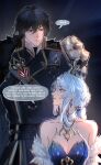  ... 1boy 1girl armor bare_shoulders belt black_belt black_coat black_hair blue_dress blue_eyes blue_hair breasts cleavage closed_mouth coat commentary dress earrings english_commentary english_text fur-trimmed_coat fur_trim genshin_impact hair_between_eyes hair_bun hair_ornament highres jewelry looking_at_another medium_hair odette_(genshin_impact) parted_lips pauldrons primaros_drip purple_eyes short_hair shoulder_armor single_pauldron speech_bubble spoken_ellipsis strapless strapless_dress twitter_username valeriy_(genshin_impact) 