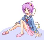  batsu blush hairband heart komeiji_satori purple_eyes purple_hair ribbon short_hair slippers solo touhou 