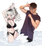  1boy 1girl absurdres arm_tattoo artist_self-insert bikini black_eyes blush breasts cleavage commentary couple east_asian english_commentary glasses height_difference hetero highres jyuri_(shouz) large_breasts looking_at_another mixed_media navel o-ring o-ring_bikini o-ring_bottom one_eye_closed open_mouth original photo_(medium) playing ponytail real_life_insert shoulder_tattoo shouz side-tie_bikini_bottom simple_background splashing standing stomach swimsuit tattoo veins veiny_breasts wading white_background white_hair 