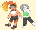  2girls barefoot black_pants blue_eyes blush capri_pants closed_eyes colored_skin commentary crop_top crossover english_commentary fiery_hair full_body green_shirt grey_hair headband high_ponytail highres holding_hands hoshizora_lone leggings midriff multicolored_hair multiple_girls no_pupils orange_hair pants ponytail ring_fit_adventure ring_fit_trainee_(female) shirt shoes simple_background smile sneakers sports_bra tank_top white_skin wii_fit wii_fit_trainer_(female) yoga_pants 