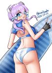  1girl absurdres ass bikini black_gloves blue_bikini blue_eyes blue_sailor_collar breasts fingerless_gloves gloves highres holding holding_surfboard kantai_collection katou_shinobu langley_(kancolle) langley_(swimsuit)_(kancolle) looking_at_viewer looking_back medium_hair multicolored_bikini official_alternate_costume purple_hair sailor_bikini sailor_collar small_breasts solo surfboard swimsuit two-tone_bikini white_bikini 