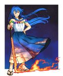  1girl absurdres adapted_costume blue_dress blue_hair bread_master commentary dress english_commentary flip-flops floating_hair full_body highres hinanawi_tenshi long_hair one_eye_closed peach_hat_ornament planted planted_sword red_eyes sandals sky sky_print solo standing star_(sky) starry_sky sword sword_of_hisou touhou two-tone_dress variant_set weapon white_dress 