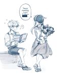  1boy 1girl ? absurdres aged_down blush book bouquet censored censored_text commentary dress english_text flying_sweatdrops full_body greyscale heel_up hetero highres holding holding_behind_back holding_book holding_bouquet ideksams imminent_confession long_hair love_letter medium_dress monochrome open_mouth shirt shoes short_hair shorts simple_background sitting sketch skirt speech_bubble spoken_question_mark spy_x_family standing suspender_skirt suspenders torn_clothes torn_dress twilight_(spy_x_family) untranslatable_commentary white_background yor_briar 