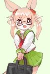  1girl :d animal_ears bag blush_stickers bright_pupils brown_eyes commentary_request cowboy_shot double_horizontal_stripe furry furry_female glasses green_background green_sailor_collar green_skirt highres holding holding_bag long_hair long_sleeves looking_at_viewer miniskirt neckerchief open_mouth original pink_fur pink_hair pleated_skirt po!_(popoemo) rabbit_ears rabbit_girl red-framed_eyewear red_neckerchief sailor_collar school_bag school_uniform semi-rimless_eyewear serafuku shirt simple_background skirt smile solo twintails under-rim_eyewear white_pupils white_shirt 