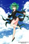  :o ass black_dress black_shoes blue_sky cloud commentary_request contrail copyright_name day dress eyelashes floating full_body green_eyes green_hair long_sleeves non-circular_lens_flare one-punch_man open_mouth shoes short_hair skaky sky tatsumaki twitter_username v-neck 
