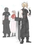  1girl 2boys aerith_gainsborough alternate_color armor baggy_pants bandaged_arm bandages belt black_boots black_gloves black_hair black_pants black_shirt blonde_hair boots braid braided_ponytail brown_belt brown_gloves brown_hair buster_sword cloud_strife commentary cropped_jacket dress facing_away ff14hioo_oo7 final_fantasy final_fantasy_vii final_fantasy_vii_remake final_fantasy_vii_revelation flower gloves hair_ribbon hair_slicked_back highres holding holding_flower jacket long_dress long_hair looking_at_another medium_hair multiple_belts multiple_boys pants parted_bangs pauldrons pink_dress pink_ribbon planted planted_sword red_jacket ribbed_shirt ribbon shirt short_hair shoulder_armor sidelocks single_bare_shoulder single_braid single_pauldron sleeveless sleeveless_turtleneck spiked_hair standing suspenders sword turtleneck untranslatable_commentary weapon white_background yellow_eyes yellow_flower zack_fair 