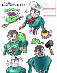 >_< 1boy :d closed_eyes closed_mouth commentary_request defective_pudding food hammer hat highres holding holding_food holding_spoon humanoid_robot ice_cream male_focus multiple_views one_eye_closed open_mouth pudding rhythm_tengoku rhythm_tengoku_miracle_stars robot s-catch-01 siesta220 simple_background slime_(creature) slime_(substance) smile sparkle spoon tears wavy_mouth white_background 
