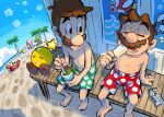  2boys barefoot beach beach_umbrella blue_sky brothers brown_hair closed_eyes cloud day eating facial_hair food footprints ghost holding holding_food holding_ice_cream holding_popsicle holding_spoon ice_cream ice_cream_cone luigi male_focus male_swimwear mario mario_&amp;_luigi_rpg mario_(series) multiple_boys mustache ocean open_mouth outdoors palm_tree polka_dot popsicle poster_(object) red_shorts sand shaved_ice short_hair shorts siblings sitting sky spoon star_(symbol) starlow summer sweat swim_trunks toad_(mario) topless_male tree umbrella yamari_(ya_mari_6363) 