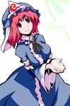  amami_amayu blush cupping_hands hat japanese_clothes looking_up oekaki outstretched_hand red_eyes red_hair saigyouji_yuyuko short_hair smile solo touhou 