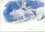  absurdres animal artist_request bare_arms highres mask mononoke_hime night official_art polearm production_art riding san solo spear traditional_media watercolor_(medium) weapon wolf 