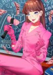  1girl banknote black_eyeliner blackpink blue_eyes blunt_bangs chalkboard choker closed_mouth commentary earrings eyeliner eyeshadow falling_money glasses gloves glowstick highres holding holding_glowstick hoop_earrings jacket jewelry lisa_(blackpink) makeup money pants pink_eyeshadow pink_gloves pink_jacket pink_lips pink_pants saphirya sitting smile solo 