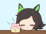  1girl :3 bandaid bandaid_on_cheek bandaid_on_face biwa_hayahide_(umamusume) black_hair blue_background blush_stickers character-themed_food closed_eyes closed_mouth food gomashio_(goma_feet) hair_ornament hairclip ice_cream simple_background solo swept_bangs umamusume winning_ticket_(umamusume) 