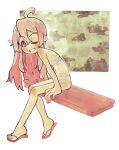  1girl ahoge bench blue_bra blue_panties blush_stickers bra brown_eyes brown_hair commentary english_commentary flat_chest flip-flops from_side full_body hair_between_eyes highres honeyjello long_hair looking_at_viewer one_eye_closed onii-chan_wa_oshimai! open_mouth oyama_mahiro panties sandals sitting smile solo teeth underwear underwear_only 
