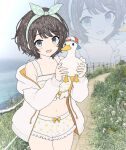  1girl 1other animal backwards_hat bird blue_eyes bow brown_hair commentary duck english_commentary eternalsoulrape hair_bow hairband hat highres holding hololive jacket looking_at_viewer navel non-web_source oozora_subaru open_clothes outdoors polka_dot polka_dot_bow short_hair shorts smile subaru_duck virtual_youtuber 