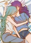  2girls absurdres asahina_mafuyu blue_hair blue_shirt blue_shorts closed_eyes closed_mouth commentary cuddling english_commentary from_above grey_pants highres hinomori_shizuku hug long_hair mizshimaf mole mole_under_mouth multiple_girls navel pants project_sekai purple_hair shirt shorts sleeping tank_top white_tank_top yuri 