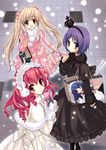  bag blonde_hair blush brown_eyes crown doll drill_hair gloves gothic_lolita hairband lolita_fashion multiple_girls original pink_hair purple_eyes purple_hair red_eyes smile snowing twintails yukiwo 