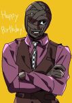  1boy bandage_on_face bandage_over_one_eye bandages birthday black_eyes black_gloves black_necktie black_vest collared_shirt commentary_request crossed_arms dress_shirt english_text gloves grin happy_birthday male_focus moyosan necktie pants purple_shirt saiki_gouto shirt sideways_glance smile solo tsukihime tsukihime_(remake) vest wing_collar yellow_background 