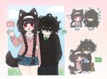  1boy 2girls :d ahoge animal_ear_fluff animal_ears annoyed black_hair black_hoodie blue_outline blue_pants blue_skirt blush braid breasts chibi collared_shirt commentary_request cowboy_shot degrees_of_lewdity dog_ears dog_girl dog_tail dot_nose double-parted_bangs drawing_(action) eye_contact facepaint green_eyes green_necktie hair_between_eyes hand_in_pocket hand_up heart highres holding holding_pencil holding_sketchbook hood hoodie kneeling kylar_(degrees_of_lewdity) kylar_(female)_(degrees_of_lewdity) kylar_(male)_(degrees_of_lewdity) langsan light_frown locked_arms long_hair long_sleeves looking_at_another looking_at_viewer low_twin_braids messy_hair miniskirt multiple_girls necktie outline pants pencil pink_eyes pink_sweater player_character_(degrees_of_lewdity) player_character_(female)_(degrees_of_lewdity) polka_dot polka_dot_background school_uniform shaded_face shirt simple_background sketchbook skirt small_breasts smile squiggle sweater swept_bangs tail tareme tree_stump twin_braids very_long_hair waving white_outline white_shirt 