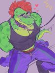 alligator alligatorid anthro black_clothing black_shirt black_topwear blush bottomwear clothing collar crocodilian five_nights_at_freddy's five_nights_at_freddy's:_security_breach flustered green_body green_spots grumpy hair heart_(marking) hi_res jewelry male male/male markings mohawk montgomery_gator muscular muscular_male necklace pants purple_bottomwear purple_clothing purple_pants red_hair reptile scalie scottgames shirt sketch sketch_background solo spots steel_wool_studios tail tail_motion tailwag tattoo topwear underwear unknown_artist
