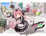  4girls ade_(nikke) apron bench black_bow black_bowtie black_dress blonde_hair blue_sky bow bowtie breasts chalkboard_sign chest_strap closed_eyes closed_mouth cocoa_(nikke) commentary_request dress english_text foreshortening frilled_apron frills goddess_of_victory:_nikke green_hair hair_ribbon heart_pasties highres holding_flyer large_breasts letterboxed light_blush light_smile long_hair maid maid_apron maid_for_you_(nikke) maid_headdress menu_board multiple_girls nnn_chisi open_mouth orange_eyes outside_border pasties pink_hair puffy_sleeves ribbon sitting sky smile soda_(nikke) standing thighhighs twintails unconventional_maid unfinished velvet_(nikke) white_apron white_thighhighs 