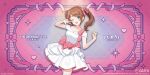  1boy artist_name border bow brown_hair collarbone commentary_request copyright_name cowboy_shot crossdressing crossdressing_(mtf) dress dress_bow earrings frilled_dress frilled_thighhighs frills green_eyes hair_bow highres idolmaster idolmaster_side-m inset_border jewelry looking_at_viewer male_focus medium_hair mizushima_saki multiple_hair_bows nail_polish off-shoulder_dress off_shoulder official_alternate_costume one_eye_closed open_mouth ornate_border pink_background pink_bow shigure_ui short_dress shoulder_bow smile solo striped_bow teeth thighhighs trap twintails upper_teeth_only v white_thighhighs zettai_ryouiki 