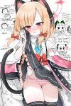  1boy 2girls absurdres anger_vein animal_ear_headphones animal_ears aqua_necktie black_thighhighs blonde_hair blue_archive blush bottle bow cameltoe cat_ear_headphones cat_ears chibi chibi_inset commentary doodle_inset doodle_sensei_(blue_archive) electric_fan english_commentary english_text fake_animal_ears fake_tail frilled_skirt frills hair_bow halo headphones highres jacket jacket_partially_removed lifting_own_clothes light_bulb looking_at_viewer low-tied_sidelocks midori_(blue_archive) mixed-language_text momoi_(blue_archive) multicolored_jacket multiple_girls necktie ougiikun panties pink_eyes pink_halo pink_panties romaji_text sensei_(blue_archive) shirt short_hair siblings sidelocks sisters skindentation skirt solo_focus speech_bubble striped_clothes striped_panties tail thighhighs thought_bubble translated twins two-tone_jacket underwear water_bottle white_jacket white_panties white_shirt wiping_face wiping_sweat 