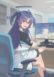  1girl absurdres black_halo black_jacket black_shoes blue_archive blue_eyes blue_hair blue_halo blue_jacket blush cabinet chair commentary computer_keyboard crossed_legs dated doodle_sensei_(blue_archive) english_commentary hair_ornament halo highres holding holding_pen jacket jacket_partially_removed long_hair looking_at_viewer looking_back mechanical_halo multicolored_halo multicolored_jacket nose on_chair open_mouth pen screensaver sensei_(blue_archive) shirt shoes sitting solo swivel_chair teeth tongue twintails two-tone_halo two_side_up upper_teeth_only white_jacket white_shirt yakitori_skewer_(artist) yuuka_(blue_archive) 