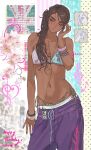 1girl absurdres alien_stage alternate_costume animal_print bikini birthday blue_bikini bracelet breasts brown_hair cameo cameo_request character_charm charm_(object) chiikawa chiikawa_(character) commentary copyright_request dark-skinned_female dark_skin dated earphones english_commentary flower grey_eyes hair_over_shoulder happy_birthday highres hyuna_(alien_stage) ipod jewelry katsksiii leopard_print long_hair looking_to_the_side mismatched_bikini mp3_player multiple_bracelets navel pants pink_bikini purple_pants side-tie_bikini_bottom side_ponytail striped_bikini striped_clothes sweatpants swimsuit thick_eyebrows tiles 